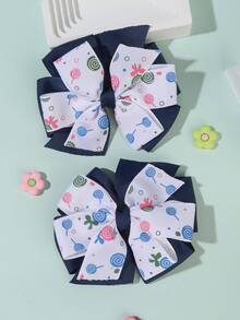 2pcs Girls Floral & Candy Print Fashion Spring/Summer Handmade Woven Butterfly Clips, Suitable For Everyday Use - Multicolor - View 1