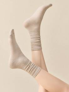 3 Pairs Women's Thin Hi-Elastic Solid Color Socks, Versatile Casual, Ins Style, Student, Sports, Mid-Calf Socks, Daily Wear, Summer - Multicolor - View 7