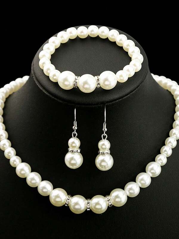 1 Set Vintage Pearl Earrings, Pearl Bracelet, And Pearl Necklace