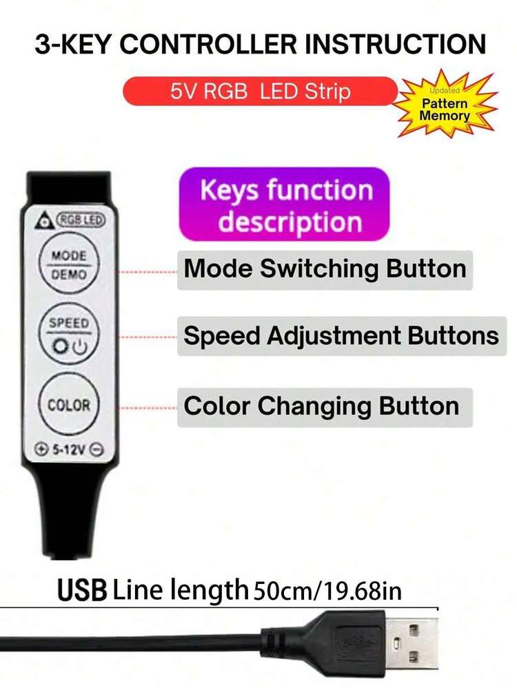 3.28 英尺-100 英尺 RGB LED 灯带，USB 5V 3535SMD 芯片，3 键控制器，适用于家居装饰、派对、节日照明、客厅、卧室、电视背景 - 彩色 - 查看 8