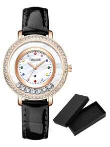 TIRENSE 1pc Elegant Rhinestone Leather Watch Waterproof Quartz Movement Fashionable Women's Watch