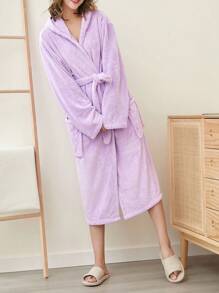 1 szt. Jednokolorowy damski szlafrok z kapturem, długi szlafrok do domu, bielizna nocna, miękki materiał chłonny, odpowiedni do łazienki, basenu, prysznica, na cały sezon, prezent premium z okazji powrotu do szkoły