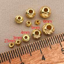 20/50 件真 18K 镀金隔珠波纹圆形散珠持久镀金隔珠 2.5/3/4/5/6 毫米微型黄铜圆球散珠适用于 DIY 珠宝制作