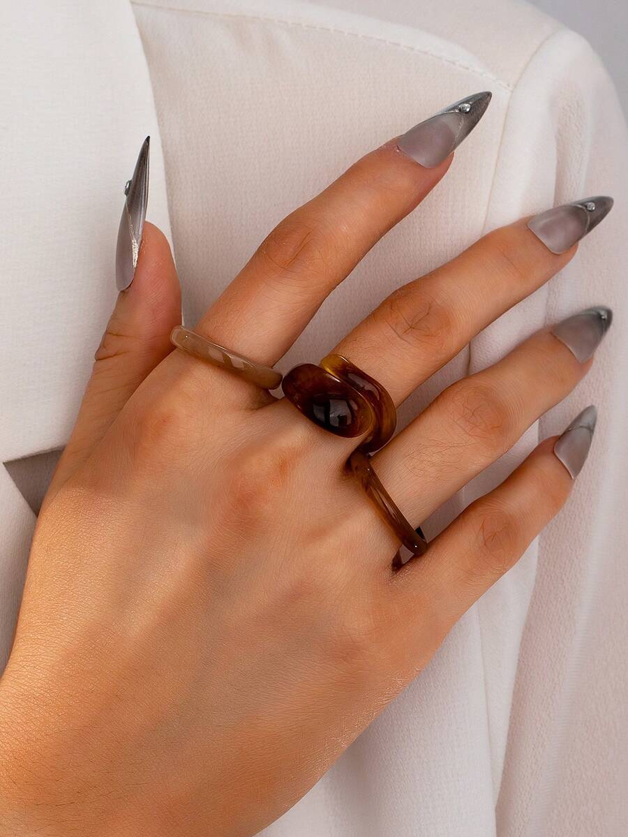 3 件女士树脂戒指套装/叠戴水滴设计粗戒指