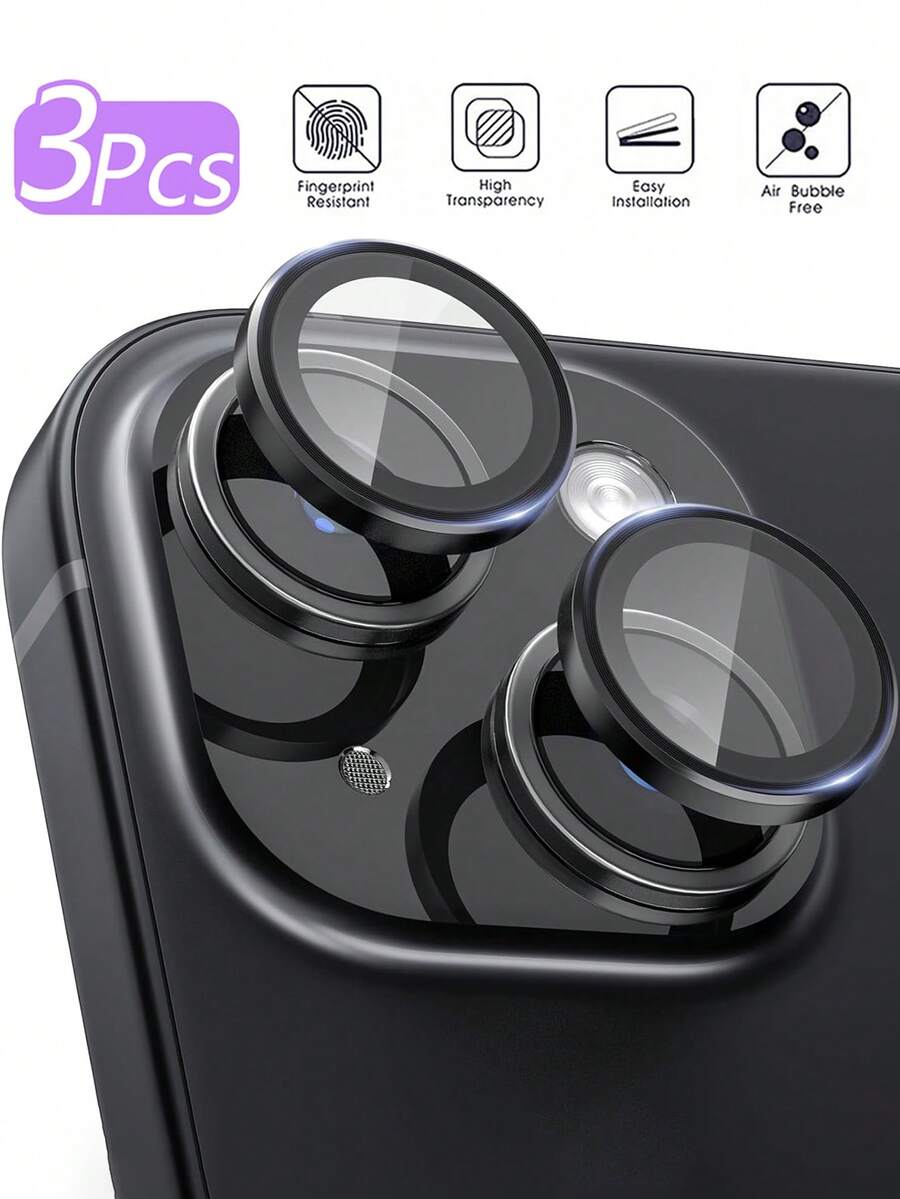 Camera Lens Protector Film For IPhone 15 Plus/Apple 15/16 Pro Max/16/16 Pro/16 Plus, Ultra-Clear Tempered Glass Camera Cover [Compatible With Phone Case] Metal Independent Lens Screen Protector Ring, 3-Pack Black - Black - View 1