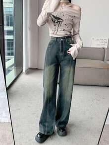 New Design High Waisted Loose Straight Leg Wide Leg Jeans, Street-Style, - Blue - View 6