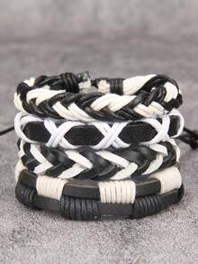 1 Set Of 4pcs Red Fashion Leather Bracelets, Unisex Adjustable Braided Leather Multi-Layers Bracelet, Retro Cuff Suitable For Daily Wear - Bracelet - View 7