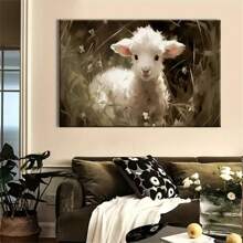 1pc Vintage Easter Lamb And Wildflower Field Canvas Art , Ideal For Home Or Office Decor, Wall Hanging, Perfect Gift For Bedroom, Cafe, Or School, No Frame