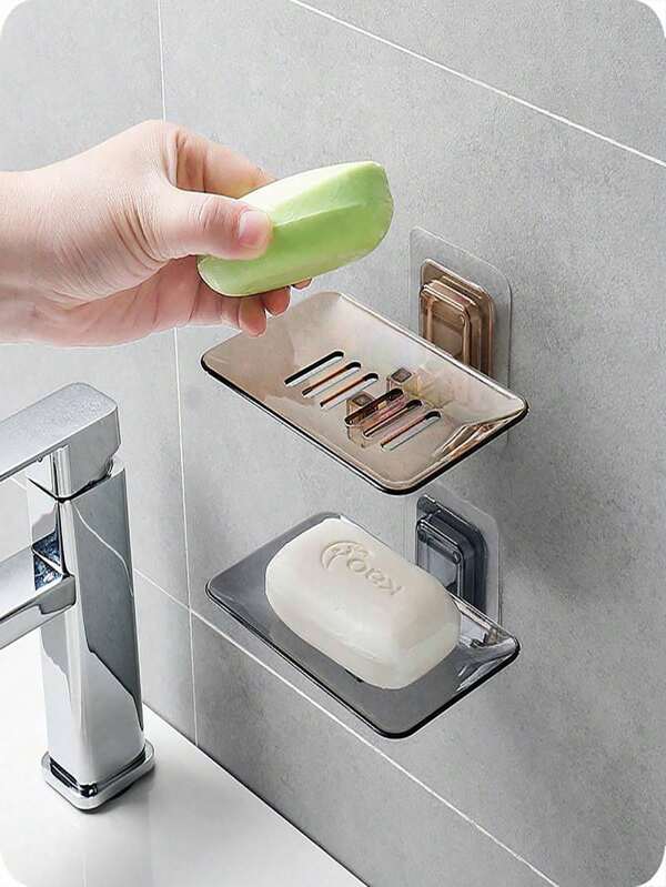 1pc Transparent Adhesive Wall-Mounted Soap Dish, No-Drill Plastic Soap Holder For Bathroom Home Bathroom Decor Fall Decor Back To School