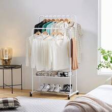 ホワイトモバイルエレガントガーメントラックデュアル洋服スタンドレールローリングハンギングシェルフクローゼット収納2段付き - ホワイト - チェックする 4