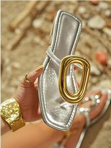 Gold Metallic Women Sandals Square Toe Hardware T-Strap Flats Metal Fashion Casual Dress Flip Flop Slides Woman - 銀色 - 查看 6