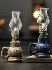 1pc Ceramic Kiln-Fired Glaze Home Oil Lamp With Handle And Lamp Shade, Adjustable Wick Camping Oil Lamp, Indoor Ceramic Oil Lamp Candle Holder, Kerosene Lamp With Wick, Oil Lamp/Hurricane Lamp With Fire Control Knob - Oil Lamp - View 2