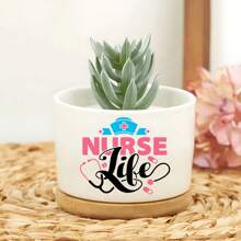 1pc Ceramic Planter Pot With Bamboo Tray (3.6"X2.6"), Succulent Planter, Nurse Life Theme - Nurse Cap, Stethoscope, Pill Elements With "Nurse Life" Text, Planter Pot Gift, Yard Decor, Desktop Decoration