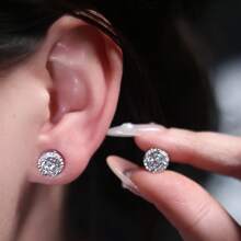 1 pereche de cercei magnetici din argint S925, la modă, 1 carat, 6,5 mm, cercei magnetici cu diamant moissanit, fără piercing, diamante clare VVS1 de culoare D în laborator, cercei anti-alergici pentru bărbați și femei