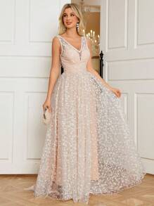 Vestido de noiva romântico com decote em V, sem mangas, bordado em renda, comprimento até o chão