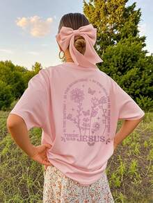 This Casual Print Round Neck Short Sleeve T-Shirt Is Suitable For Girls And Children To Wear In Summer - With A Butterfly Pattern, Providing A Unique T-Shirt For Children Who Love Plants And Want To Stand Out! Girl's Clothing, Girls' Graphic T-Shirt, Summer Top, Teen Clothing - Pink - View 7