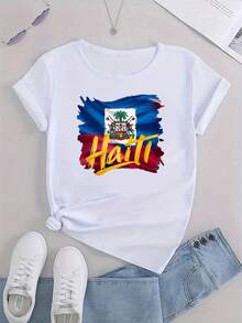 Haiti Flag Letter Print Women's Casual T-Shirt - Knit Polyester Blend, Crew Neck, Short Sleeve, Stretch Fabric, Season Versatile Top - 白色 - 查看 3