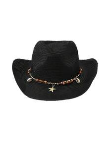 1 pieza Sombrero de paja de moda para hombres y mujeres, sombrero de protección solar para exteriores y playa, sombrero de vaquero de estilo inglés de primavera/verano con ala ancha, sombrero de playa para dar sombra con decoración de estrella de mar, sombrero de Panamá plegable, regalo para exterior adecuado para uso diario