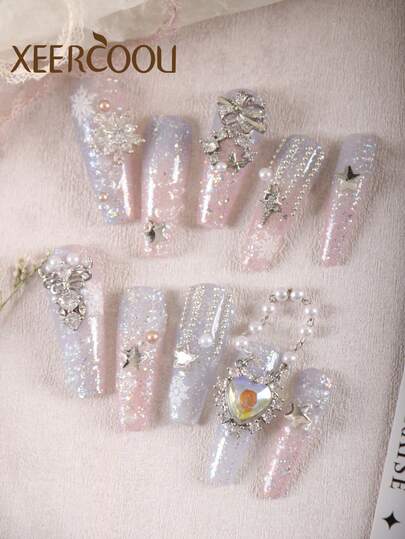 10pcspress On Nails Purple Pink Snowflake Fully Paved With Diamonds Star Pure Handmade Production Nails Press On Nail Supplies Nails Long Nails Press On Nails Set Includes 1sheet Adhesive Tabs &1 Pc Mini File