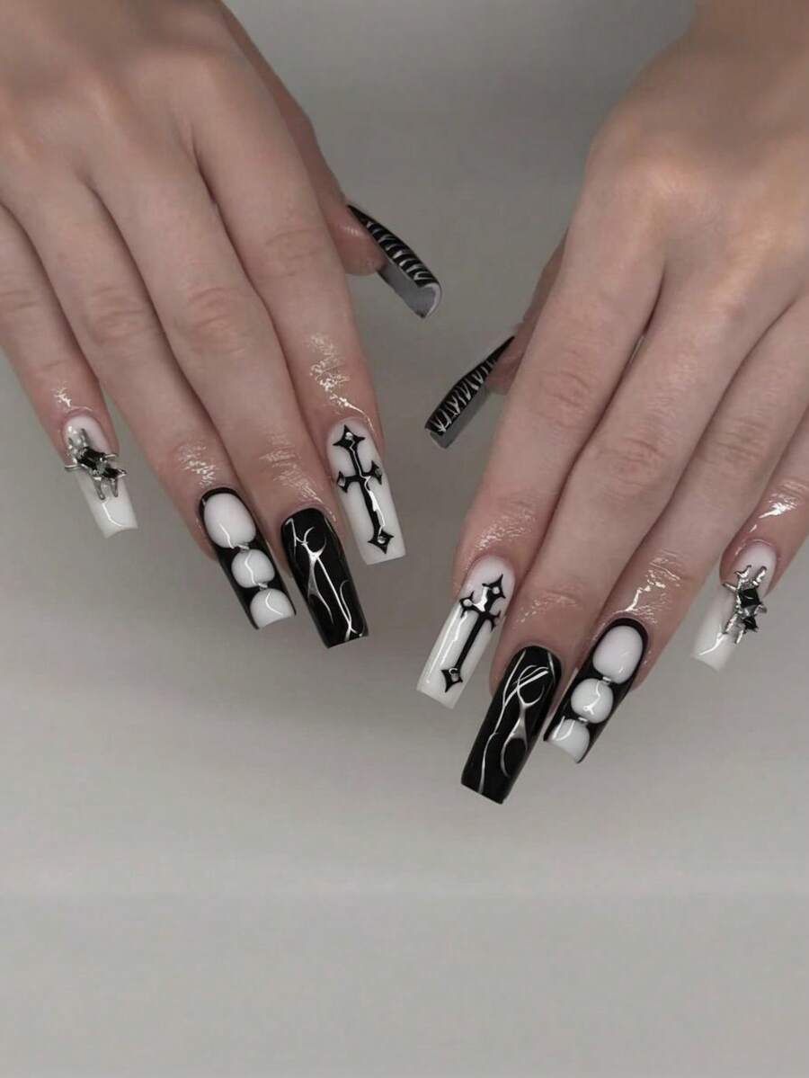 24Pcs Black Coffin Nails With Leopard Print, Asymmetrical Lines, Rhinestones And Starry Design, Full Coverage Removable False Nails, Suitable For Women Daily And Party Wear Press On Nails Nail Supplies Nails - Multicolor - View 1