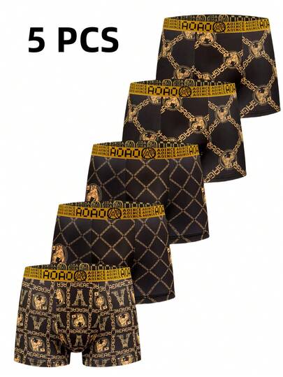 5条装男士时尚印花平角内裤，采用透气柔软、弹性舒适的面料制成。奢华的金色与经典的黑色配色设计，裤腿开口不易卷边，弹性十足且吸湿排汗，适合跑步和日常穿着，是每个人必备的内衣之选。