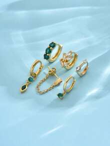 6pcs/Set One-Side Delicate Green Zirconia Leaf Stud Earrings, Minimalist Stylish Earring Set For Women, Suitable For Date, Party, Daily Commute - Yellow Gold - View 2