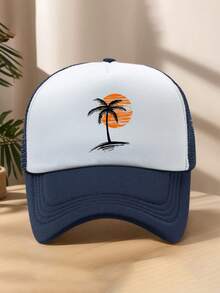1pc Men's Black Coconut Tree, Sunrise, Sunset Line Cartoon Patchwork Contrast Color Adjustable Outdoor Casual Sports Beach Printed Polyester (Polyester) Mesh Foam Net Truck Driver Cap Baseball Cap, Suitable For Daily Decor, Spring/Summer/Autumn - A - View 9