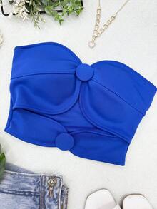ELLIE Women's Strapless Crop Top With Button Details - 寶藍色 - 查看 3
