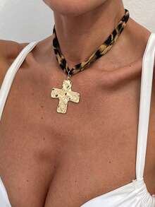 1 pieza Collar con colgante de estilo bohemio con estampado de leopardo, cuerda gruesa, estrella de mar, caracola, flor y corazón para mujer, collar de gargantilla para la playa, joyería de regalo