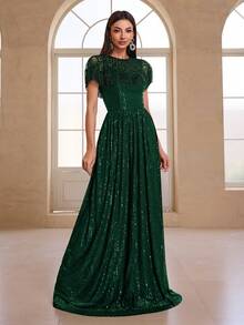 YISIKADO Women's Elegant Luxury Sequin & Bead Decor Shawl Collar Evening Dress - 墨綠色 - 查看 5
