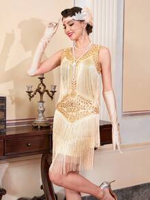 1920s Sleeveless Fringe Dress, Round Neck, Flapper Style, Sequin Fringe, Roaring Twenties Cocktail Party Dress Wedding - Apricot - View 3