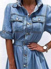 Chicsale Women's Denim Shirt Dress With Utility Pockets - Button Front Shirt Collar Dress Half Sleeve, Urban Chic Street-Smart Casual Date Dress For Everyday - Rửa trung bình - Xem 5