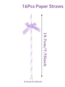 8/16 unidades Pajitas de papel a rayas de color morado claro con lazo de cinta para beber y manualidades, papel de fiesta, pajitas, suministros de vajilla, fiesta de cumpleaños de sirena, boda, aniversario, fiesta de baby shower, fiesta de gender reveal, decoraciones y suministros para fiestas, pajitas de papel desechables para fiestas, artículos para fiestas