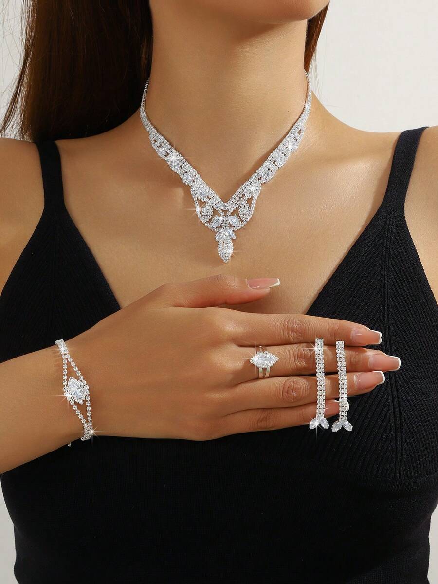 5pcs/Set Cubic Zirconia Geometric Jewelry Set With Necklace, Earrings, Bracelet And Ring, Suitable For Women's Daily Commute, Wedding Party And Holiday Gift - Exquisite All-match Necklace Set - View 1