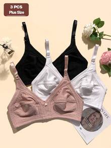 3件装简约纯色针织蝴蝶结装饰加大码女士舒适休闲运动文胸