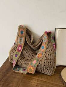 Yogodlns 极简针织单肩包、波西米亚风钩针手提包、复古蕾丝镂空钱包、女士休闲腋下斜挎包、时尚网眼钩针单肩包、休闲购物袋、大容量针织旅行钱包/手提包 - 卡其色 - 查看 7