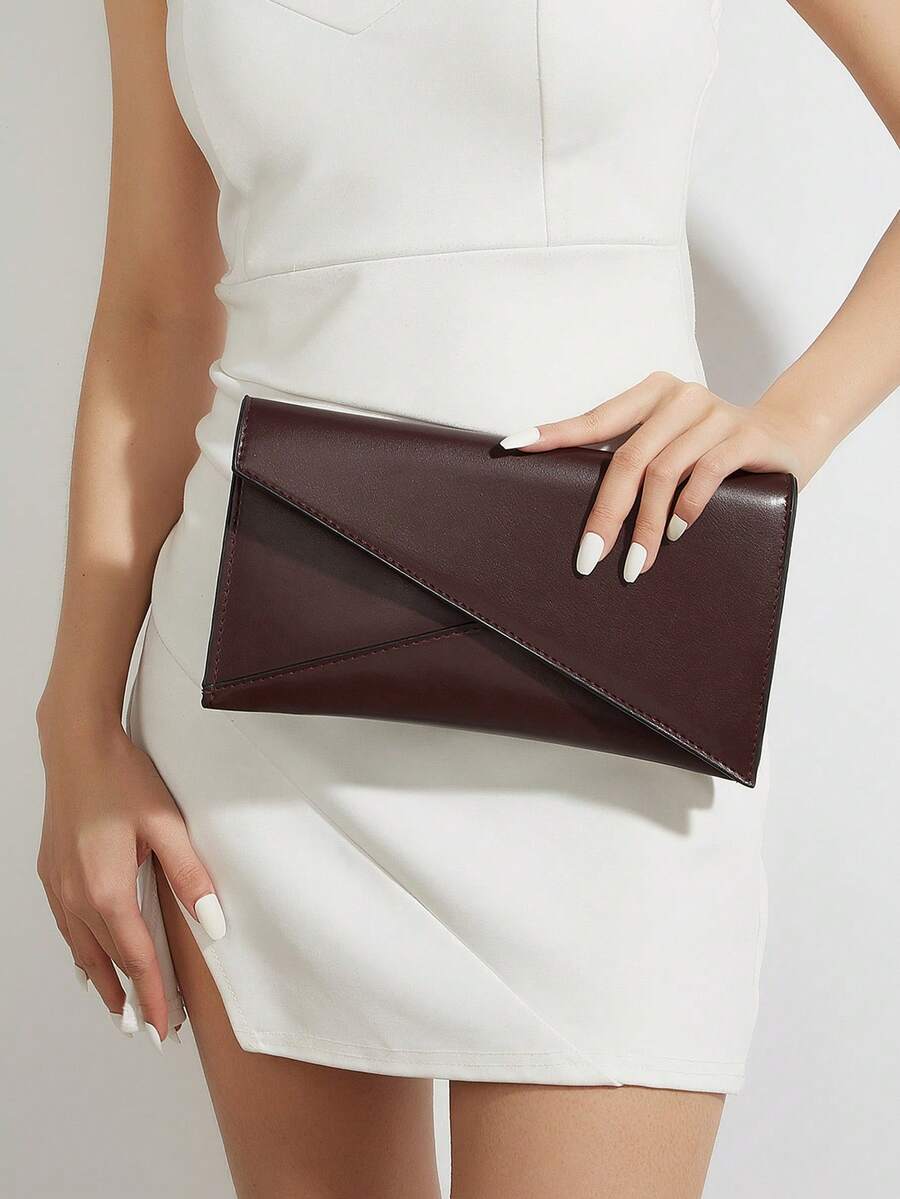 Minimalist Oiled Edge Envelope Shaped Clutch Bag For Women - Burgundy - View 1