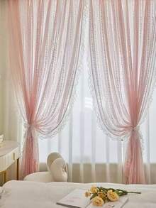 1pc French Style Sheer Curtain With 2 Side Pearl Lace Trim, Lightweight Semi-Sheer Bedroom Curtain, Princess Style - Baby Pink - View 6
