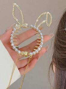 2pcs/Set Women's Gold Cat/Rabbit Ear Pearl Tassel Rhinestone Hair Clips, Non-Damaging Ponytail Clips For Daily Wear - Gold - View 3