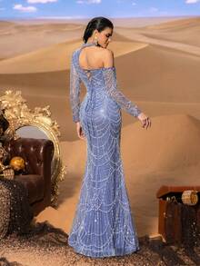 Faeriesty Hochglanz glamouröses paillettenbesetztes Meerjungfrauenkleid mit Choker-Ausschnitt und transparenten Ärmeln - anliegende Silhouette und bodenlanger Schleppe für Abendgalas und luxuriöse Hochzeiten - Blau - Übersicht 3