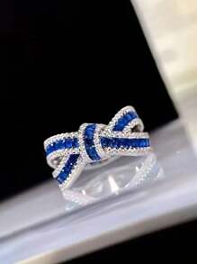 Anel de Compromisso Elegante, Design de Laço Chique, Prateado, Pavimentado com Gemas Brilhantes, Anel de Noivado e Casamento, Decoração para Festa Noturna, Presente para Ela