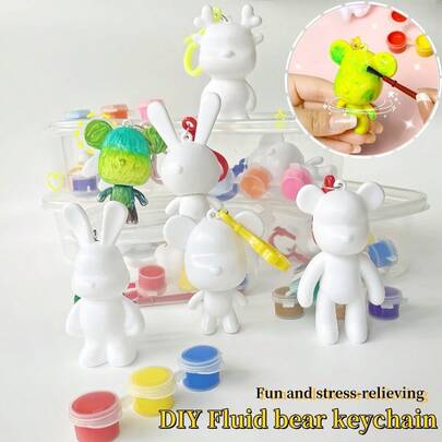 1/3 件 DIY 涂鸦流体熊套装，卡通流体熊钥匙扣，DIY 工艺材料，手绘白色空白涂鸦玩具，适用于派对礼物、课堂奖励、吊坠配件（配件颜色随机），返校，学校用品