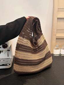 Knitted Tote Bag, Shoulder Tote Bag, Beach Bag, Versatile Hollow Out Multi-Color Bag For Photo Shoot, Daily, Holiday, Casual Travel Tote Bag - Blue - View 3