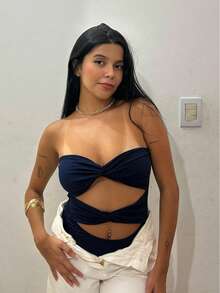 Gringa Fashion Wrap Knot Bodysuit Double Lined Without Suplex Pads - Navy Blue - View 1