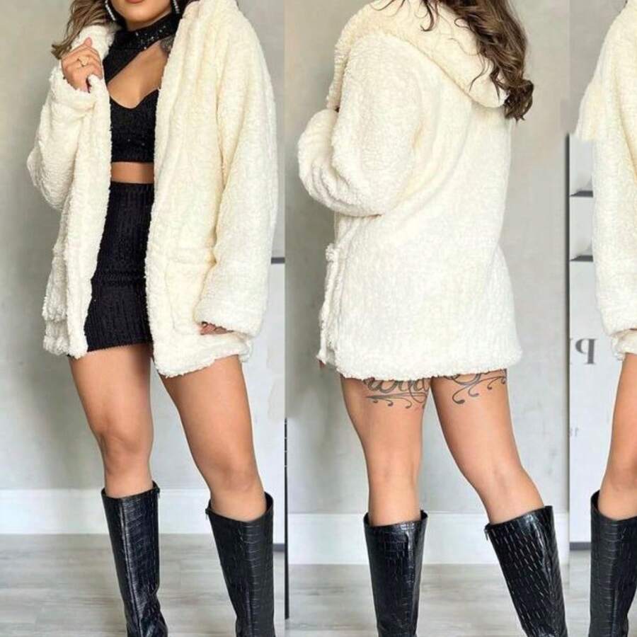 Women's Teddy Coat With Hood And Pocket For Winter - Màu be - Xem 1