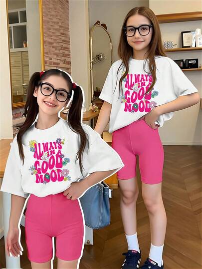 Girls Casual Letter Print Short Sleeve T-Shirt And Shorts Set, Summer Outfit