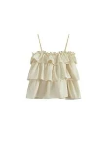 Summer Casual Solid Color Ruffle Hem Slip Camisole - Apricot - View 4