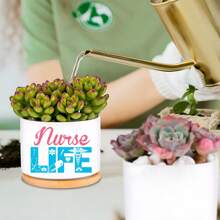 1pc Ceramic Planter Pot With Bamboo Tray (3.6"X2.6"), Succulent Planter, Nurse Life Theme - Nurse Cap, Stethoscope, Pill Elements With "Nurse Life" Text, Planter Pot Gift, Yard Decor, Desktop Decoration