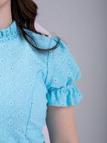 Women's Midi Dress With Belt Romantic Luxury Lese Cotton High Neck Elegant Modest Beautiful Party Wedding Zipper Buttons - 淺藍色 - 查看 5
