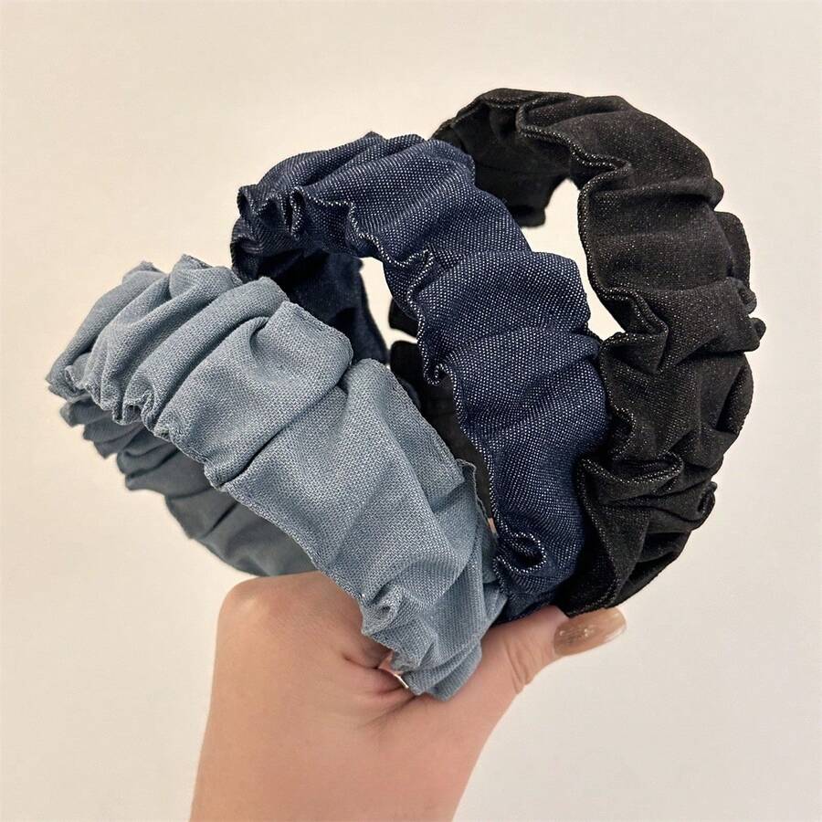 Băng đô vải denim cổ điển xếp ly bản rộng, vương miện phong cách Hàn Quốc cổ điển phóng đại, vòng tóc lưới màu đỏ thanh lịch cho phụ nữ, băng đô, vòng tóc - Nhiều màu - Xem 1